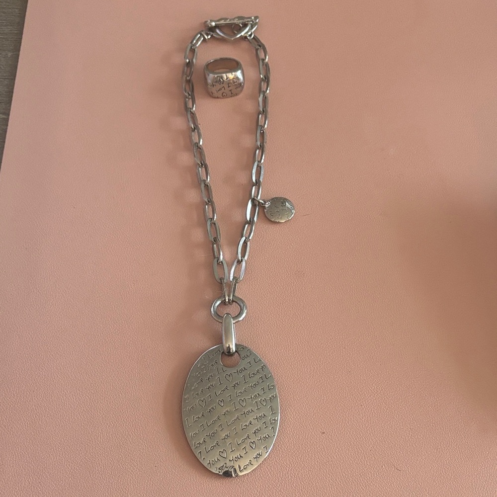 OTAZU I Love You Silver Chain Necklace with Engraved Pendant